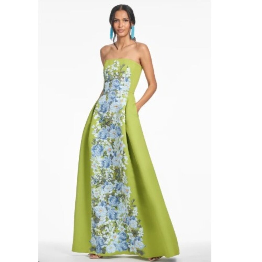 Sachin + Babi Lime Green Strapless Gown with Blue Floral Panel